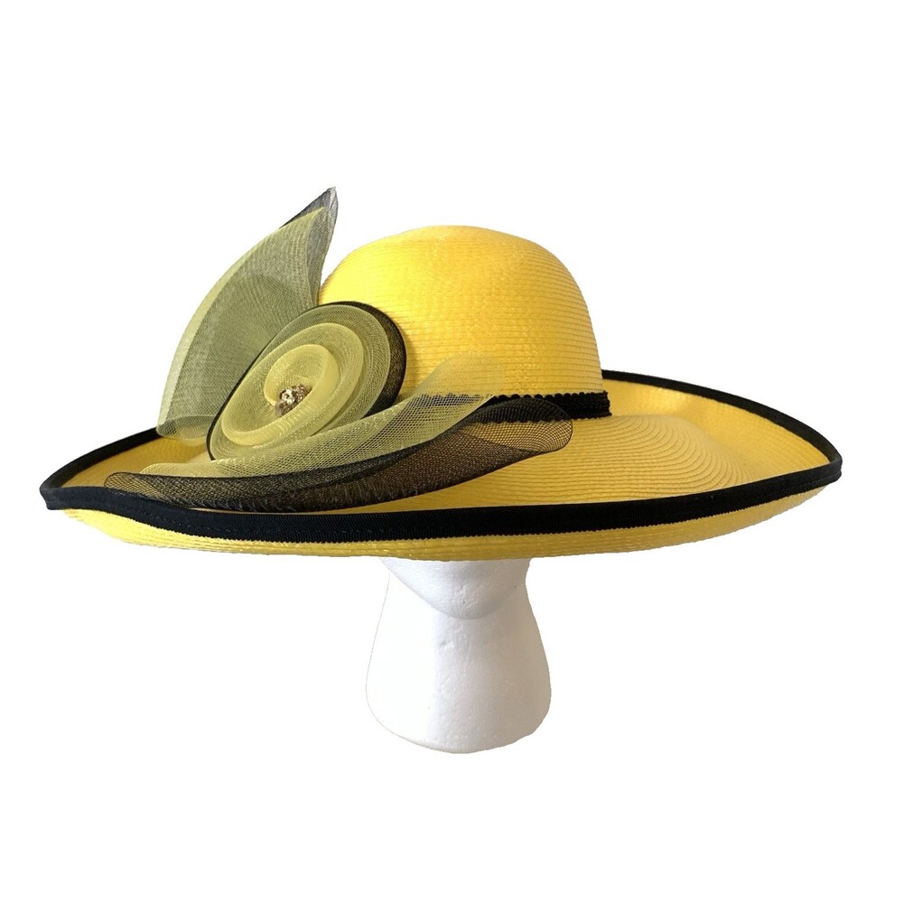 KakyCo Women’s Wide Brim Faux Straw Hat  Yellow Derby Church Wedding Formal Y2K